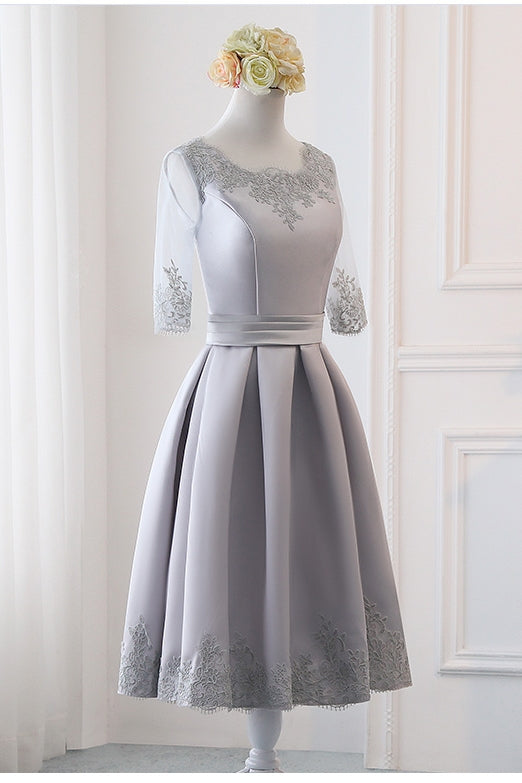 Grey Simple Knee Length Satin Short Sleeves Party Dress, Wedding Party Cutedressy Grey Simple Knee Length Satin Short Sleeves Party Dress, Wedding Party Cutedressy