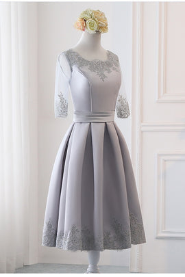 Grey Simple Knee Length Satin Short Sleeves Party Dress, Wedding Party Dress