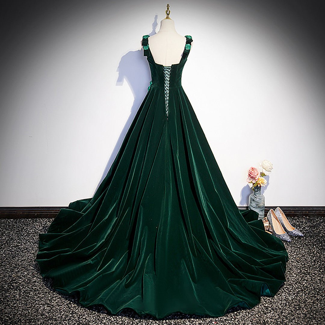 Dark Green Velvet Straps Long Formal Dress with Flowers, Green Evening Cutedressy Dark Green Velvet Straps Long Formal Dress with Flowers, Green Evening Cutedressy