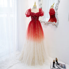 Beautiful Gradient Red Tulle Beaded Puffy Sleeves Formal Dress, A-line Tulle Prom Dresses