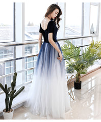 Elegant Tulle V-neckline Blue Evening Gown,Blue Formal Dress