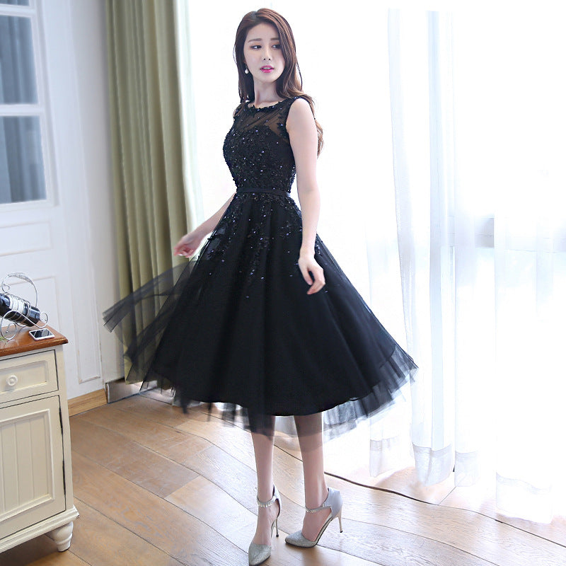 Beautiful Handmade Tea Length Tulle Black Party Dress, Black Bridesmai Cutedressy Beautiful Handmade Tea Length Tulle Black Party Dress, Black Bridesmai Cutedressy