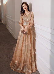 Beautiful Golden Sequins V-neckline Long Bridesmaid Dresses, Short Sleeves Party Dresses