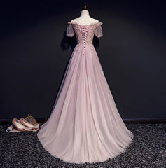 Unique Pink Off Shoulder with Lace Long Party Dress, Prom Gown