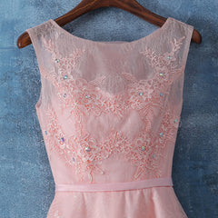Pink Lace Tea Length Simple Bridesmaid Dress, Lace Prom Dresses