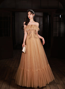 Champagne Scoop Tulle with Lace Applique Long Party Dress, A-line Prom Dress