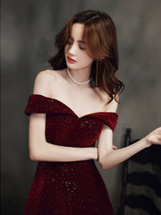 Wine Red Simple Velvet Off Shoulder Prom Dress, Wine Red Wedding Party Dress