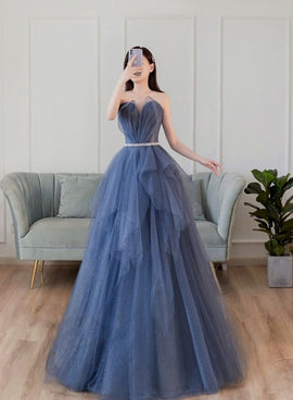 Blue Tulle Long Formal Gown Party Dresses, Blue A-line Beaded Evening Dress