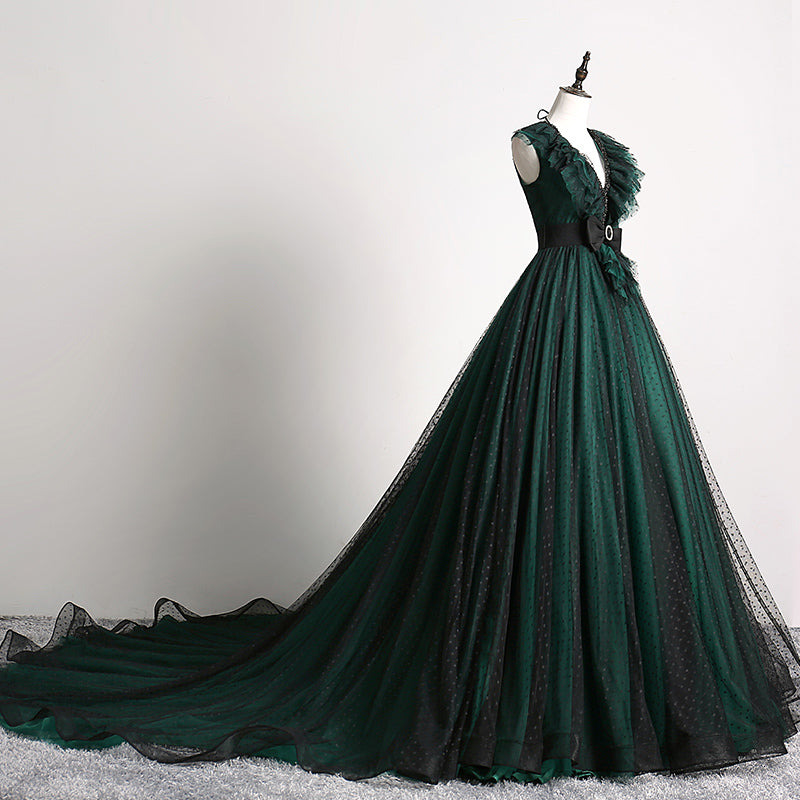 Black and Green Beaded Tulle Long Formal Dress with Open Back, Long Prom Dress