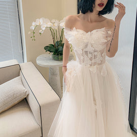 Cute White Tulle Tea length Off Shoulder Princess Party Dress, Lovely White Formal Dress