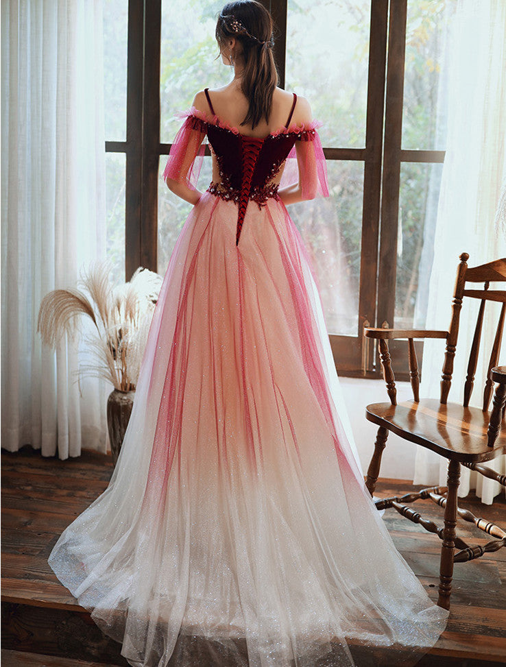 Dark Red Velvet and Tulle Gradient Long Formal Gown,A-line Tulle with Lace Prom Dresses