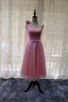 Beautiful Pink One Shoulder Tea Length Wedding Party Dress, Cute Party Dress
