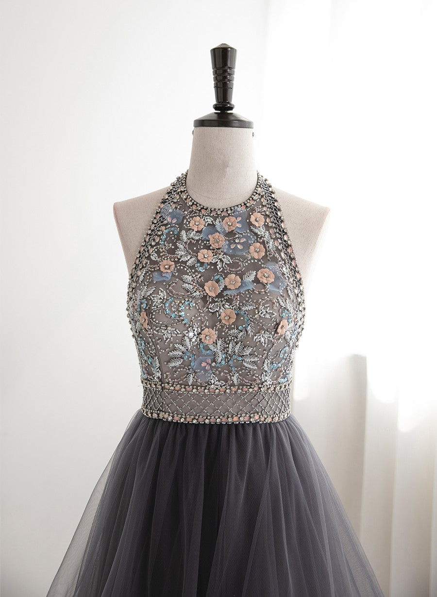 Grey Beaded Halter Backless Tulle Long Party Dress, Grey Floor Length Cutedressy Grey Beaded Halter Backless Tulle Long Party Dress, Grey Floor Length Cutedressy