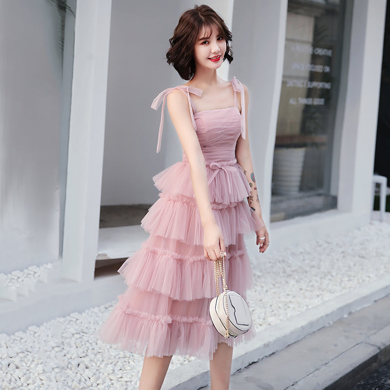 Lovely Pink Straps Layers Tea Length Wedding Party Dress, Pink Formal Dress