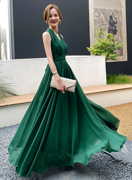 Dark Green Chiffon Halter Long Wedding Party Dress, Dark Green Bridesmaid Dress