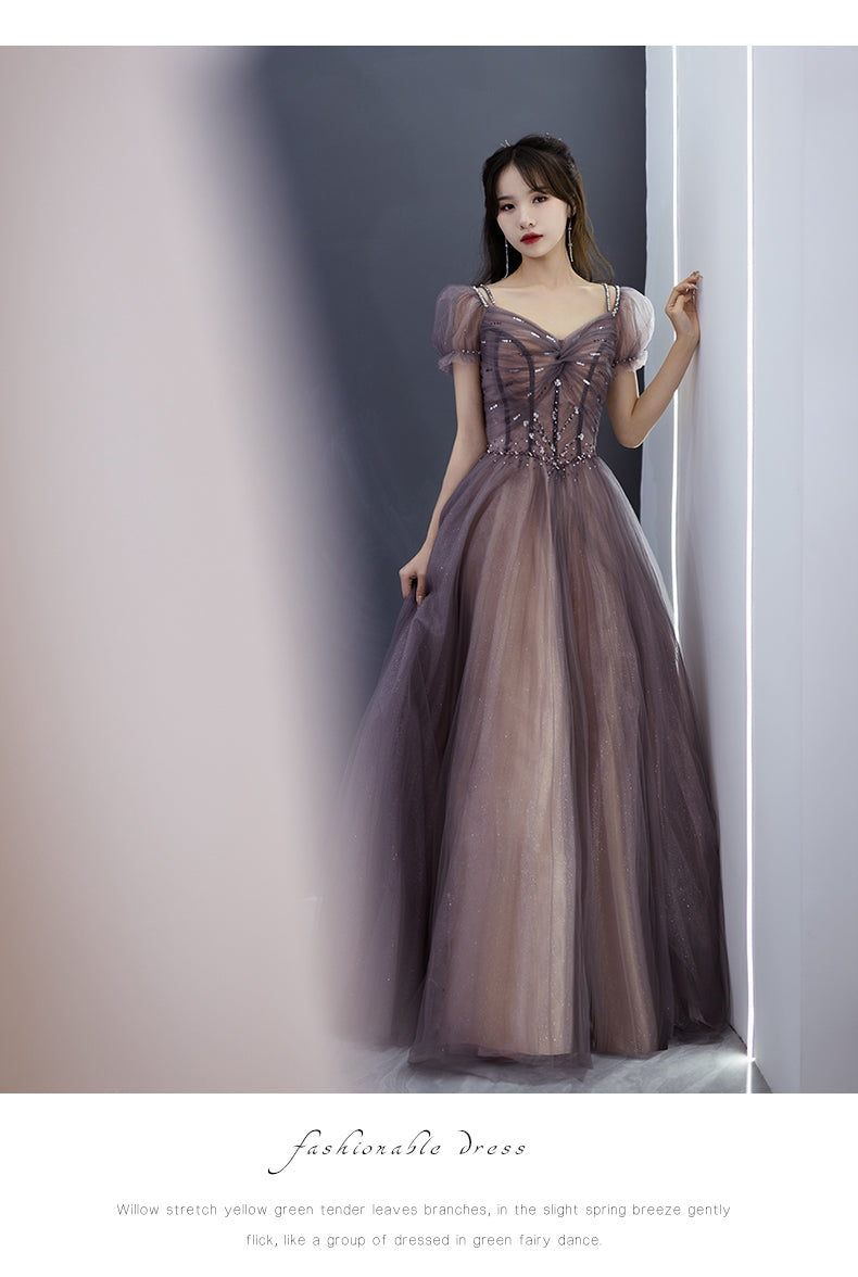 Beautiful Long Tulle Short Sleeves Beaded Junior Prom Dress, A-line Ev Cutedressy Beautiful Long Tulle Short Sleeves Beaded Junior Prom Dress, A-line Ev Cutedressy