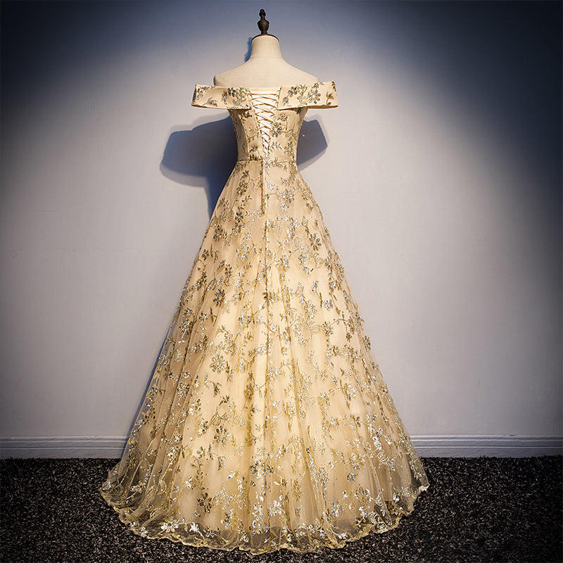 Charmiang Light Gold Long Off Shoulder Party Dress, Prom Dress Cutedressy Charmiang Light Gold Long Off Shoulder Party Dress, Prom Dress Cutedressy