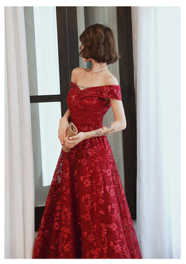 Dark Red Lace Off Shoulder Bridesmaid Dress, Long Prom Dress