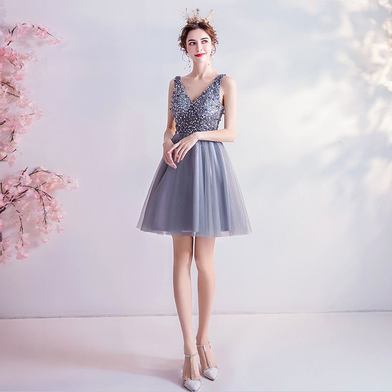 Sliver-Grey Beaded Short Tulle New Homecoming Dress Party Dress, Grey V-neckline Short Formal Dress