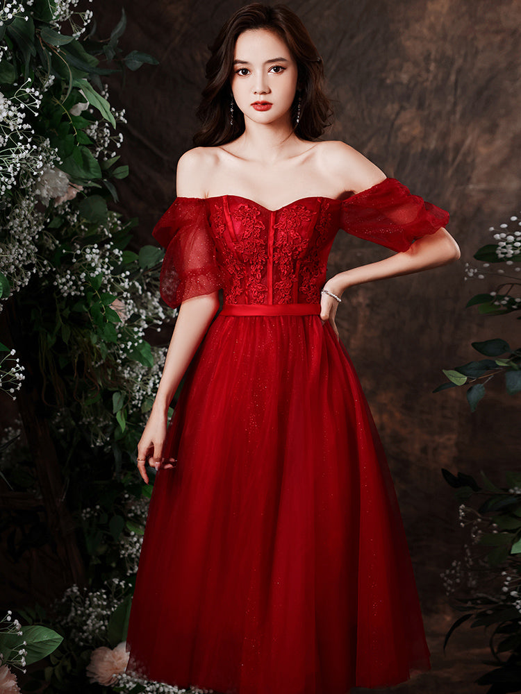 Wine Red Tulle Short Sleeves Tea Length Party Dress with Lace, Dark Re Cutedressy Wine Red Tulle Short Sleeves Tea Length Party Dress with Lace, Dark Re Cutedressy