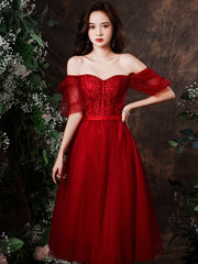 Wine Red Tulle Short Sleeves Tea Length Party Dress with Lace, Dark Red Formal Dresses