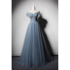 Grey-Blue Tulle Off Shoulder Beaded Long Prom Dress Party Dress, Long Evening Gowns