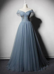 Grey-Blue Tulle Off Shoulder Beaded Long Prom Dress Party Dress, Long Evening Gowns