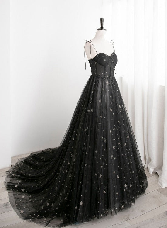 Elegant Black Straps Tulle Sweetheart Prom Dress, Black Party Dress