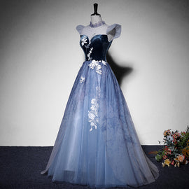 Blue Short Sleeves Tulle with Lace Long Party Dress, Blue Formal Gowns