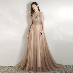 Champagne Tulle Off Shoulder Long Party Dress with Lace, A-line Tulle Evening Dress Prom Dress