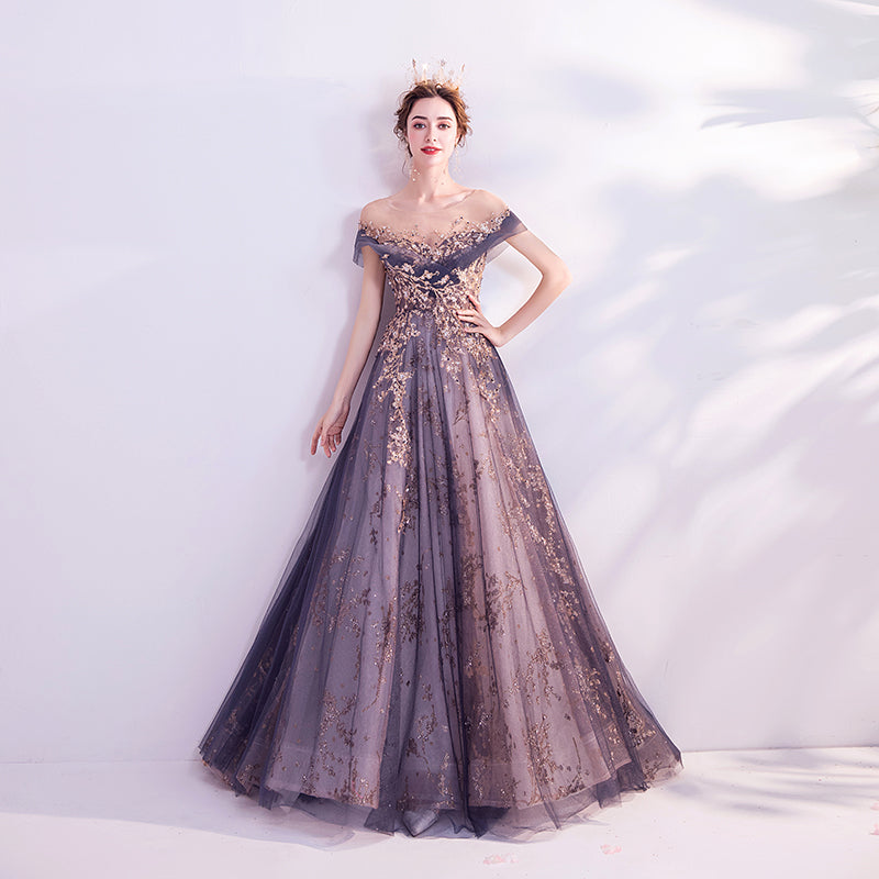 Purple Tulle Lace Long Prom Dresses, Lilac Tulle Lace Long Formal Evening Dresses main image 1