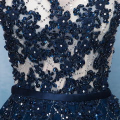 Beautiful Blue Tulle with Lace Round Neckline Prom Dress, Blue Prom Dress