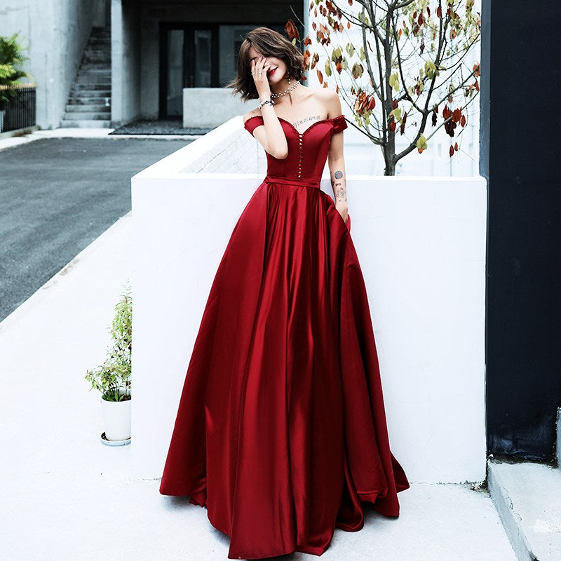 Pretty A-line Sweetheart Dark Red Long Satin Party Dress, Off Shoulder New Prom Dress