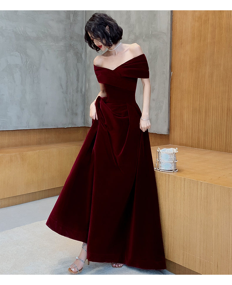 Beautiful Dark Red Velvet Off Shoulder Bridesmaid Dress, A-line Long Prom Dress