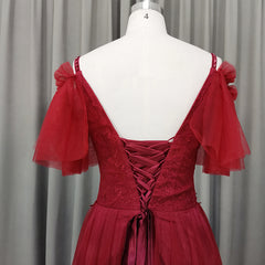 Beautiful Wine Red Tulle A-line Party Dress, Long Lace Applique Party Dress