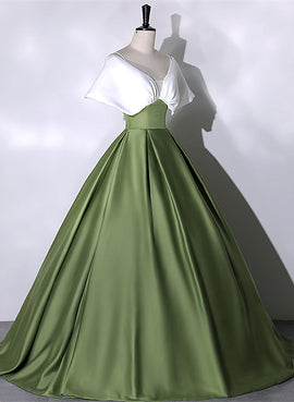 Green and White Satin Long Party Dress, Ball Gown Long Formal Dress