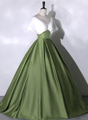 Green and White Satin Long Party Dress, Ball Gown Long Formal Dress