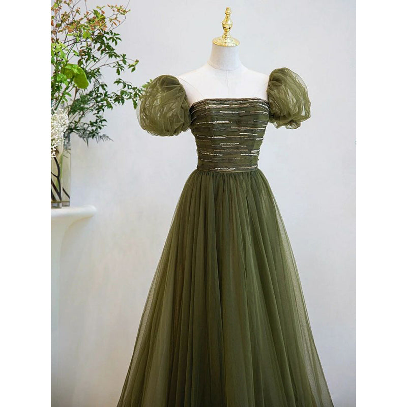Light Green Short Sleeves Tulle Sequins Long Junior Prom Dress, Green Party Dresses