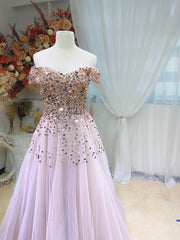 Pink Shiny Sequins Off Shoulder Tulle Ball Gown Prom Dress, Pink Long Party Dress