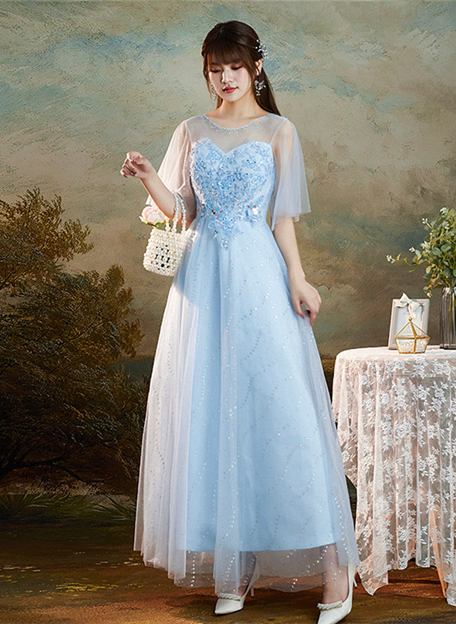 Light Blue Round Neckline Sweetheart Long Party Dress, A-line Blue Bridesmaid Dresses