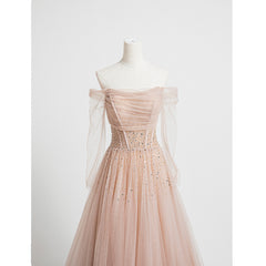 Pearl Pink Off Shoulder Long Sleeves Sequins Prom Dress, A-line Party Dress Formal Dress