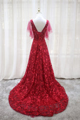 Charming Wine Red Lace A-line Long Prom Dress, Party Dress