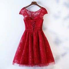 Lovely Dark Red Lace Cap Sleeves Short Party Dress, Wine Red Formal Dress