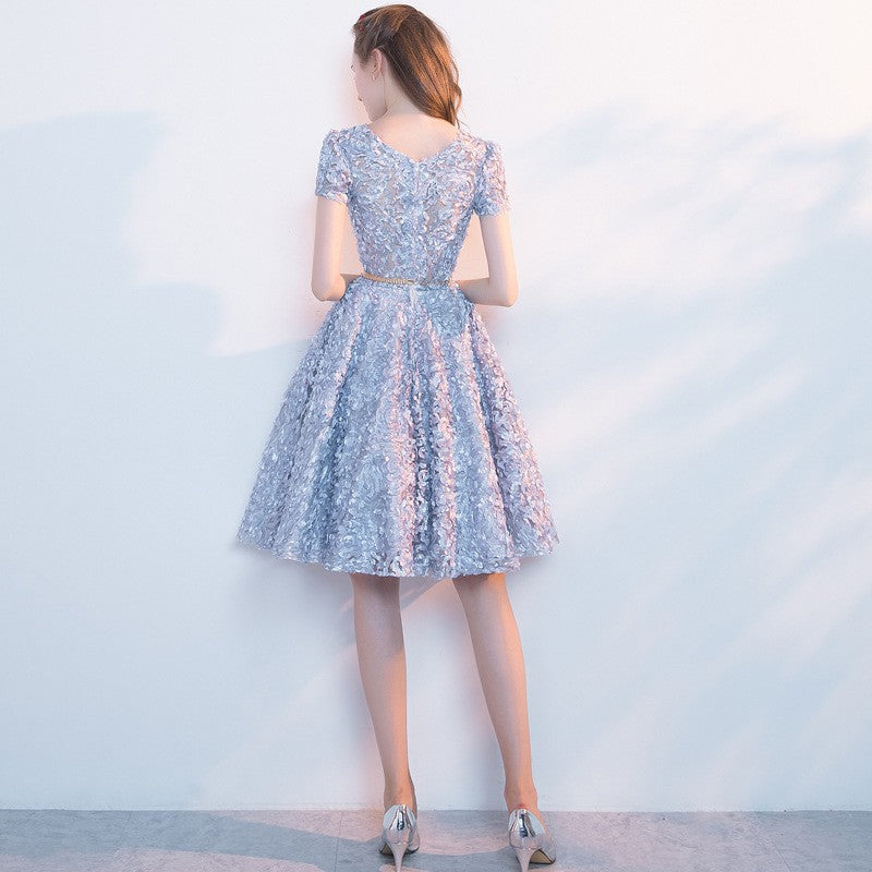 Sliver Grey Floral Lace Homecoming Dress, Scoop A-line Knee-length Lac Cutedressy Sliver Grey Floral Lace Homecoming Dress, Scoop A-line Knee-length Lac Cutedressy