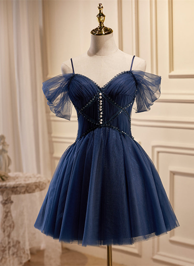 Navy Blue Cute Short Sweetheart Beaded Party Dress, Navy Blue Short Pr