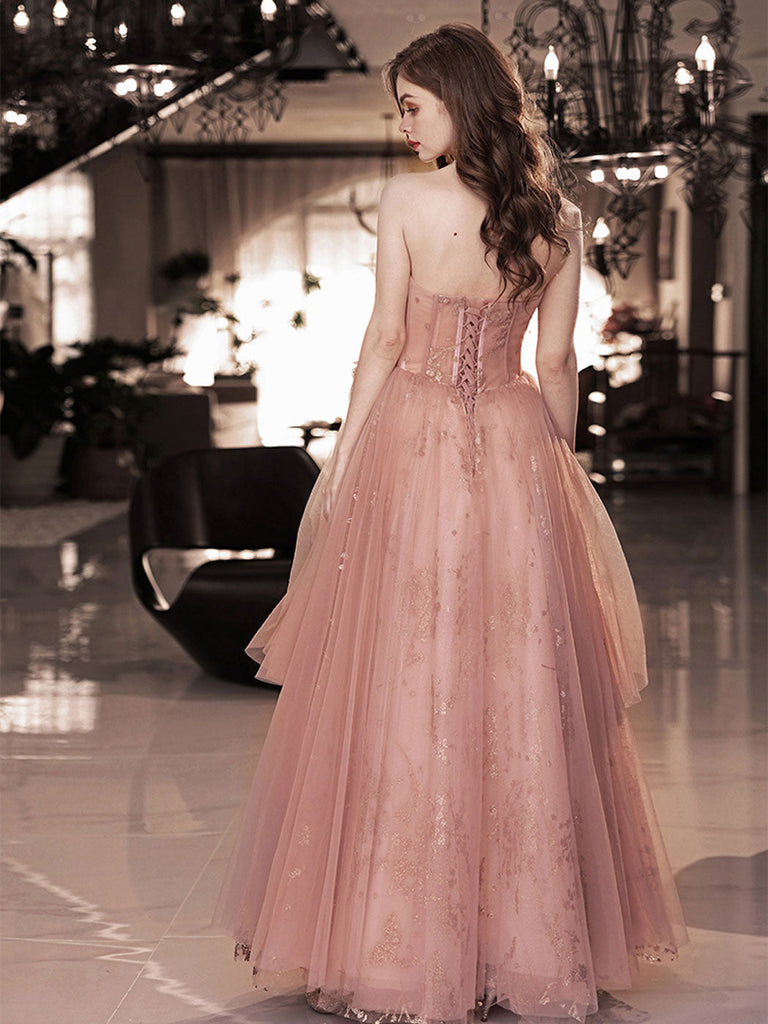 Pink Tulle with Lace Applique A-line Long Party Dress, Pink Floor Leng