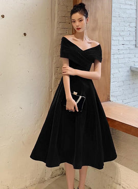 Black Velvet Elegant Lace-up Prom Dress, Black Off Shoulder Prom Dress