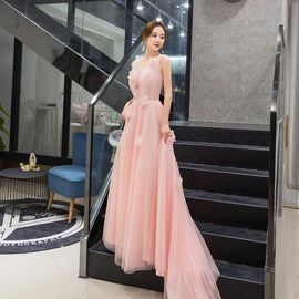 Light Pink Tulle with Flowers A-line Long Party Dress Evening Dress, Pink New Style Prom Dress