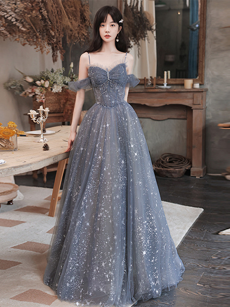 Beautiful Off Shoulder Beaded Tulle Long Party Dress, Junior Prom Dress main image 1