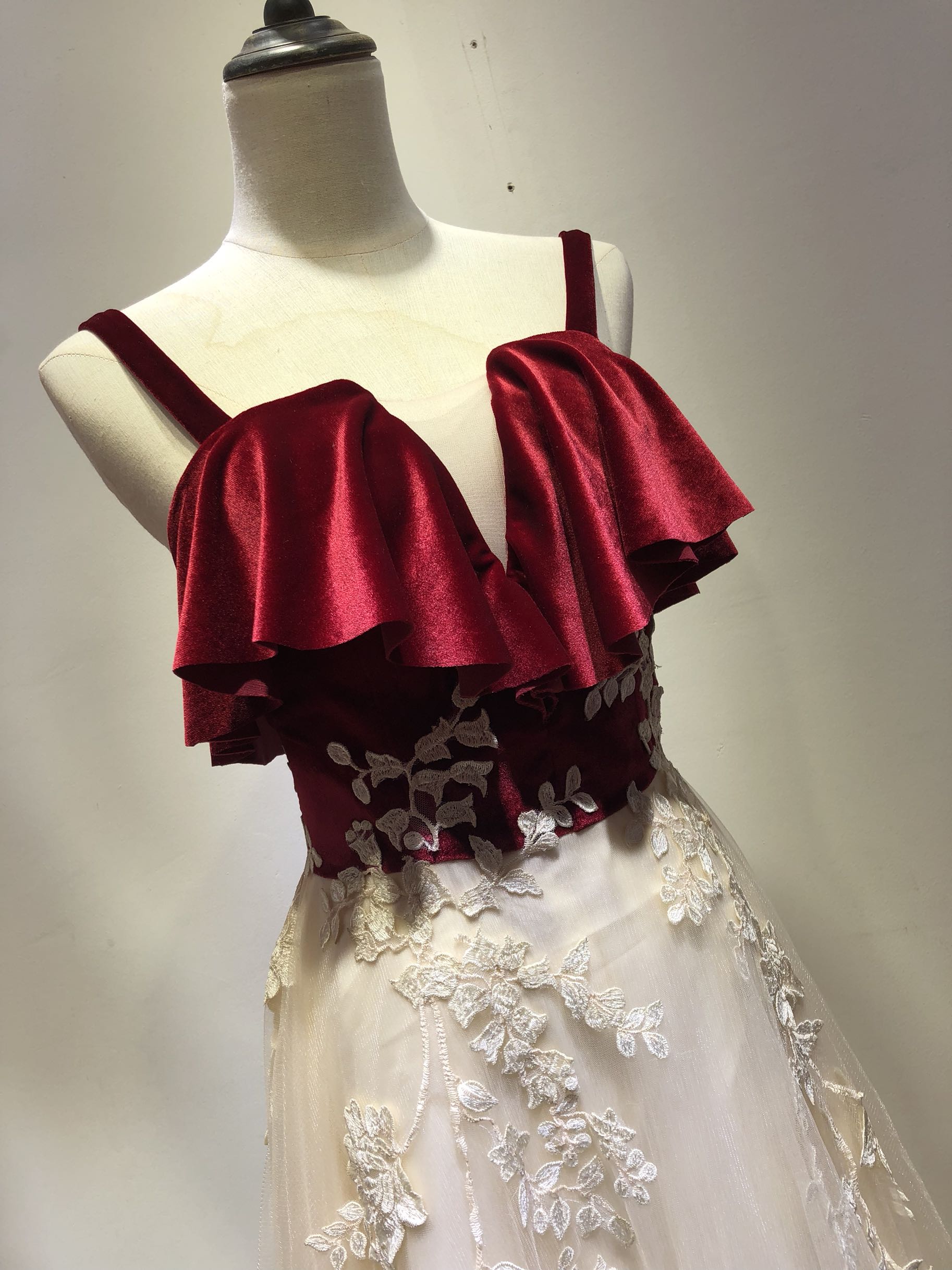 Charming Straps Tulle Velvet and Tulle Party Dress, Handmade Formal Gown